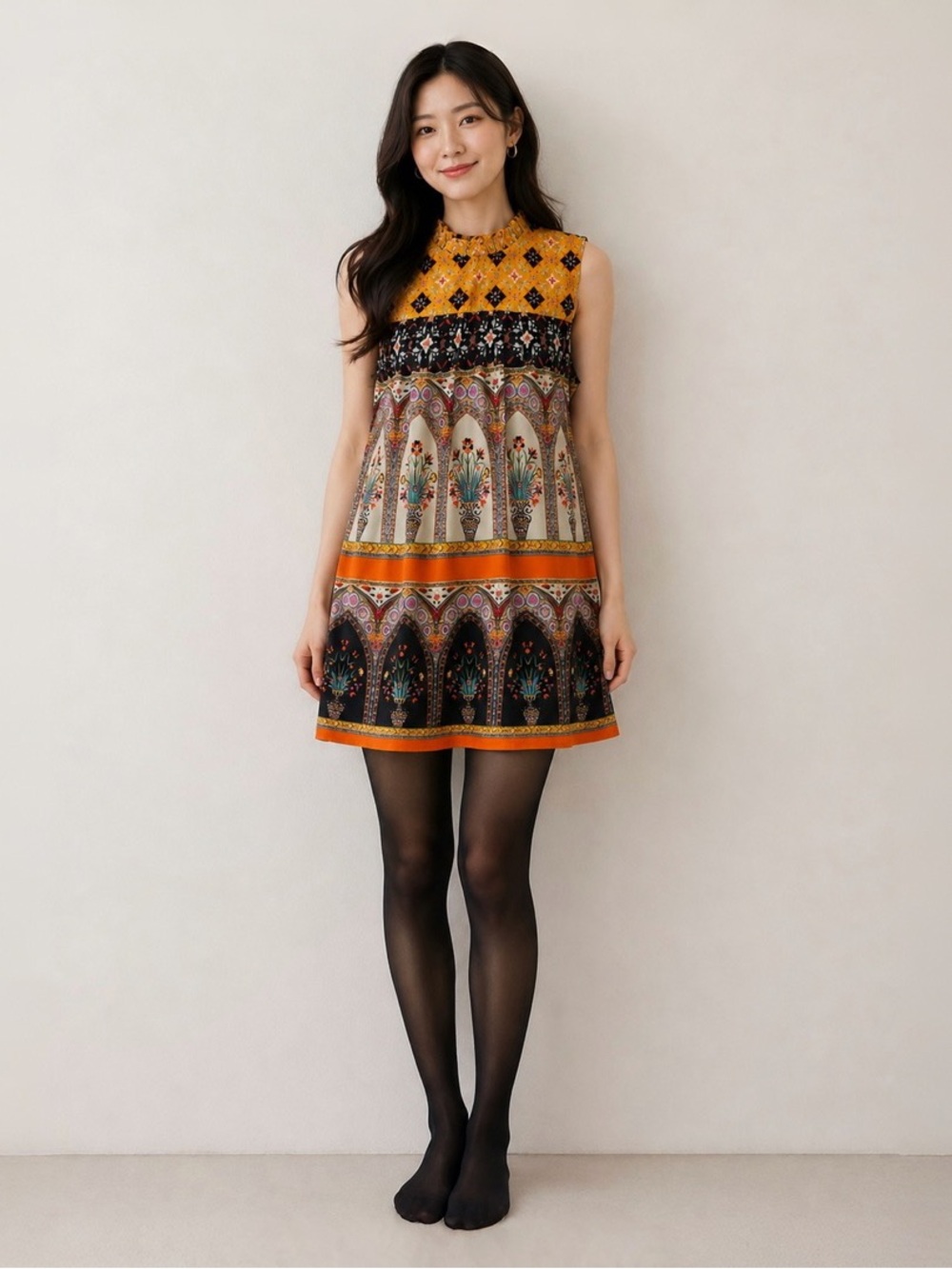 Anthropologie Yellow Black Orange Multi-Print Sleeveless Mini Tunic Dress